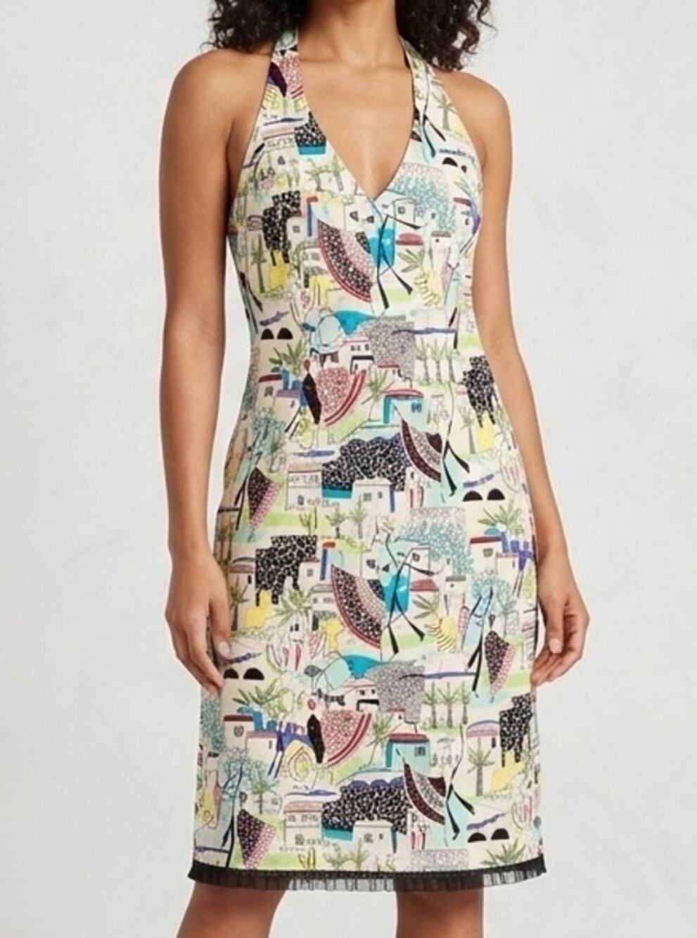 Muse Pinup Halter Dress Sz 6 Novelty Print MCM Village Retro Rockabilly V-Neck